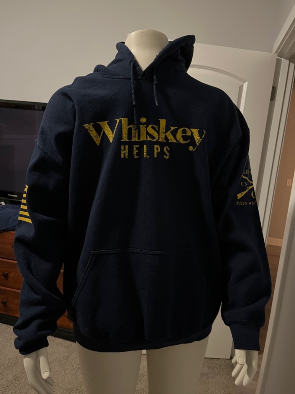 Grunt Style Navy Hoodie with Gold "Whiskey Helps" Chest Print